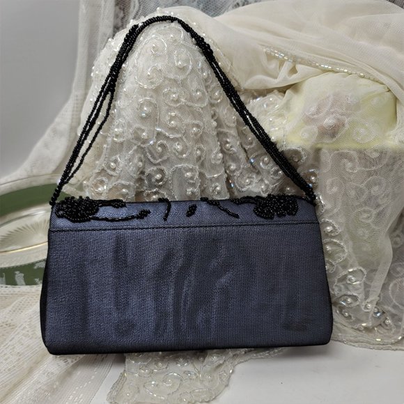 Black Beaded Evening Handbag Purse Floral Pattern - Picture 4 of 8